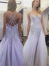 A Line Spagehtti Straps V Neck Tulle Beadings Criss Cross Lavender Prom Dress LBQ2801